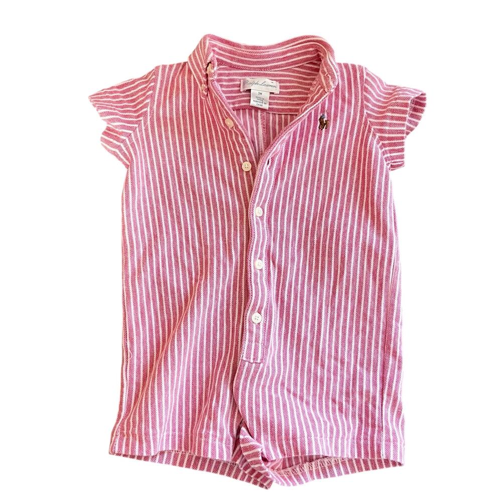Ralph Lauren Baby Romper 3M Pink White Stripe Cotton Polo Pony Shortall
